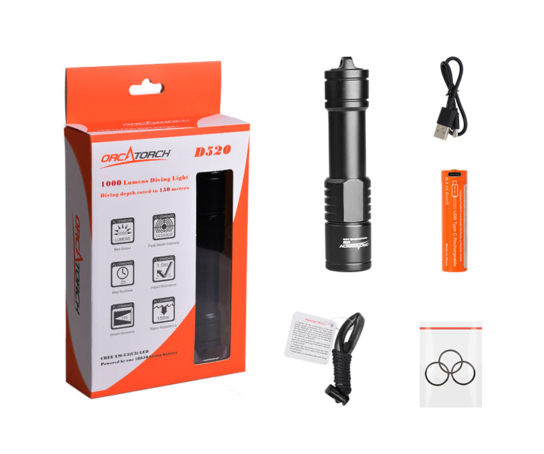 OrcaTorch Dykkerlygte D520 1000 Lumen Sort