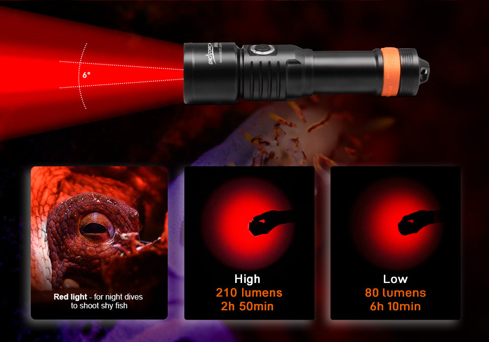 OrcaTorch Dykkerlygte D530RB rød stråle 210 Lumen
