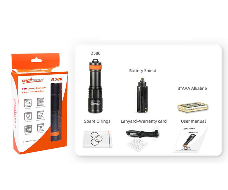 OrcaTorch Dykkerlygte D580 LED backup 530 lumen Sort
