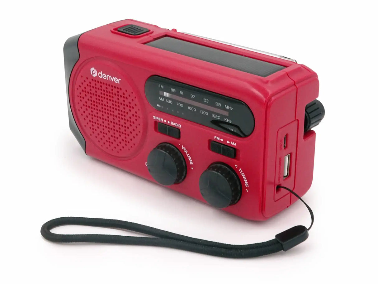 Denver håndsvingsradio med solpanel og lommelygte