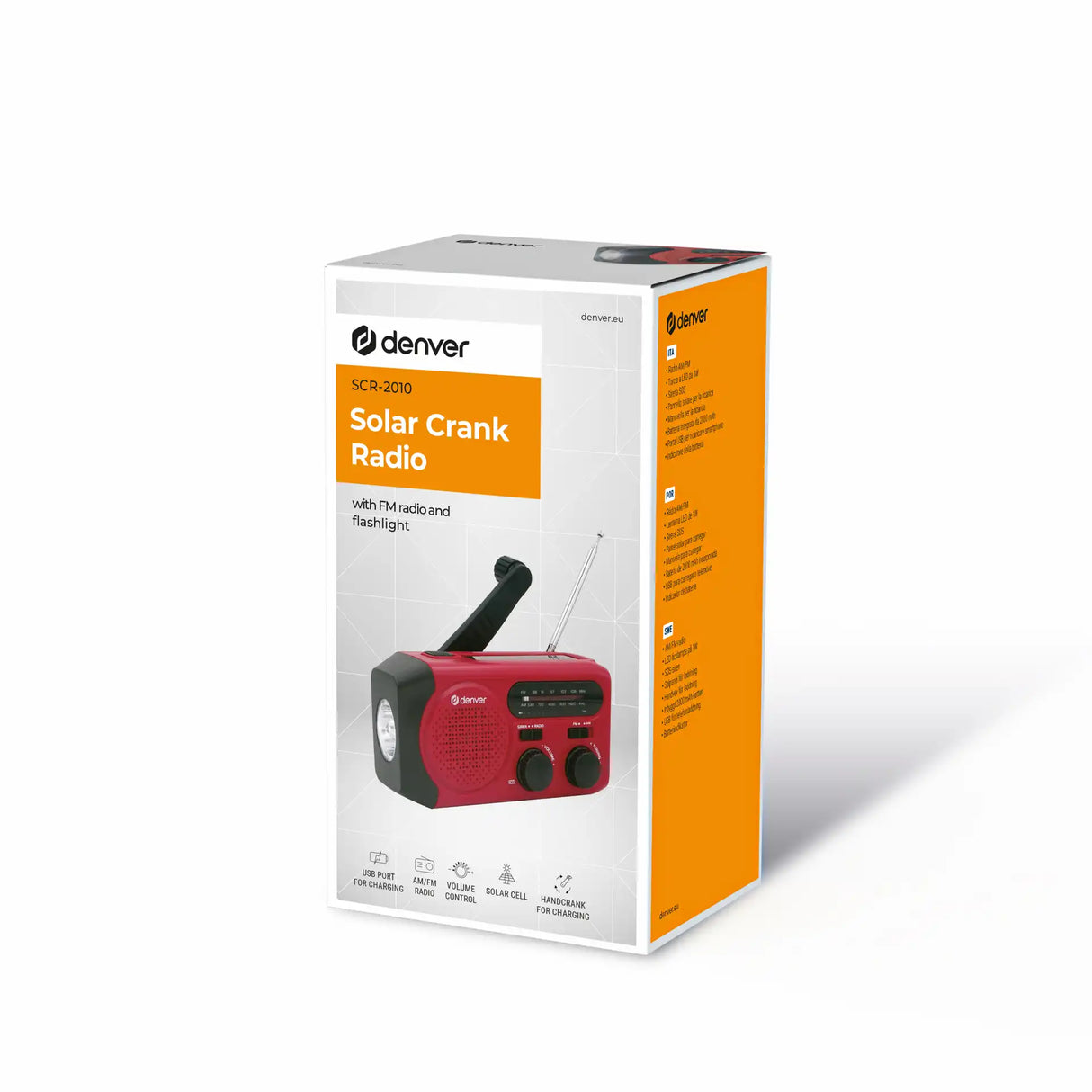 Denver håndsvingsradio med solpanel og lommelygte