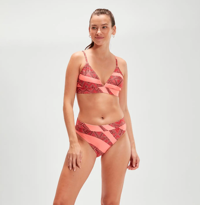 Speedo Swimwear Womens Printed Banded Triangle 2 Piece Ladies Red Oran Ocean Dive